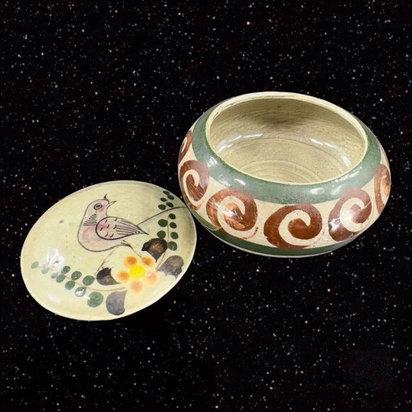 Hand Made Mexico Pottery Trinket Box W Lid Hand Painted Bird Jewelry Storage VTG - Picture 10 of 10